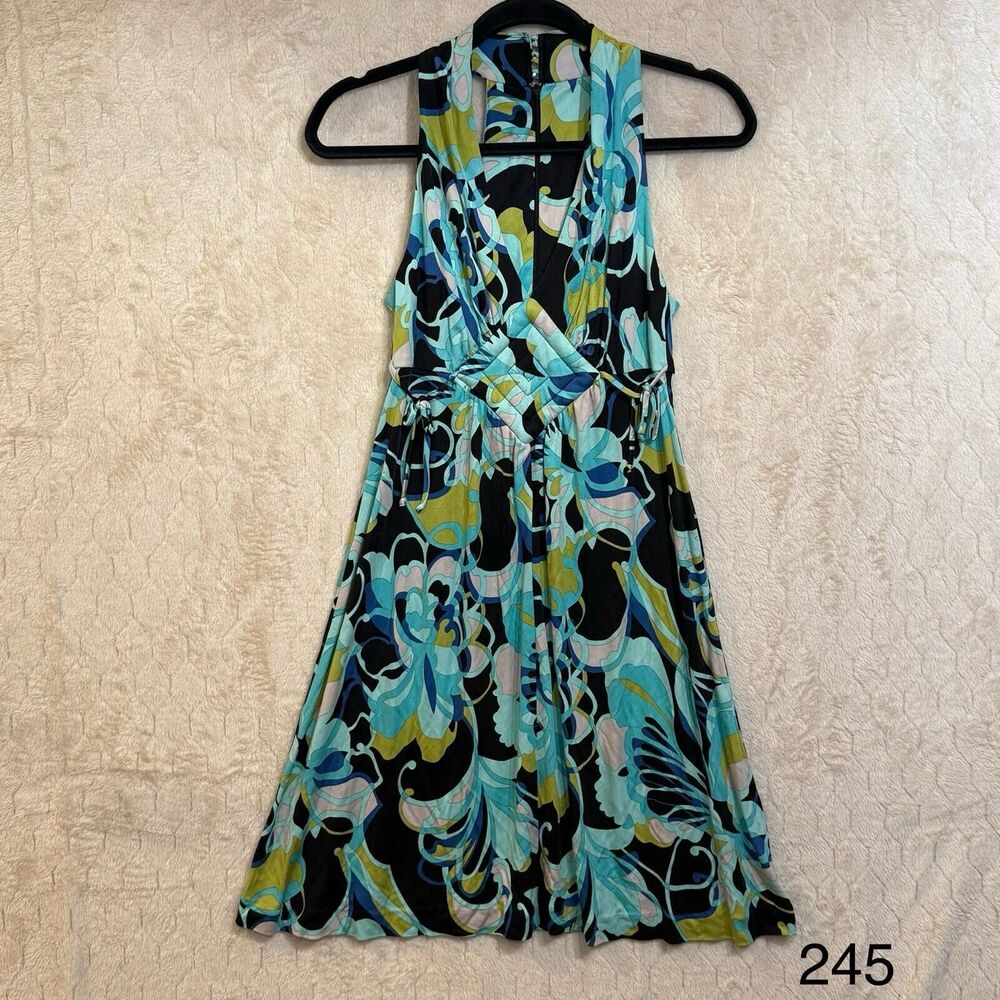 Trina Turk Green Multicolor‎ Print V-Neck A-Line Silk Dress Racerback - Size 2